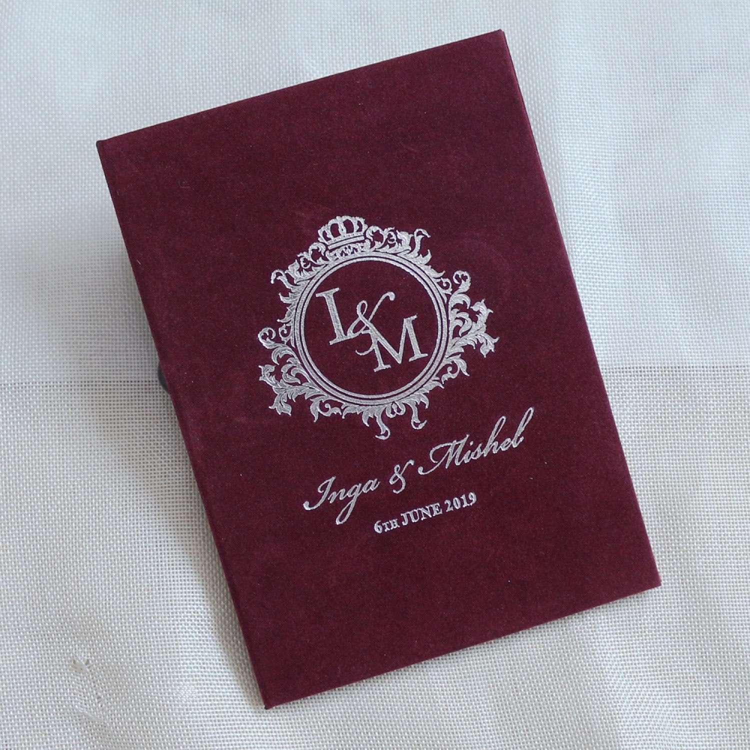 Gold Mirror Invitation Card With Velvet Holder Foiling Printing Wine Red